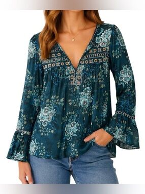 Natural Life Embroidered Sheer Floral Boho Peasant Top Tassel Tie Blouse Size M